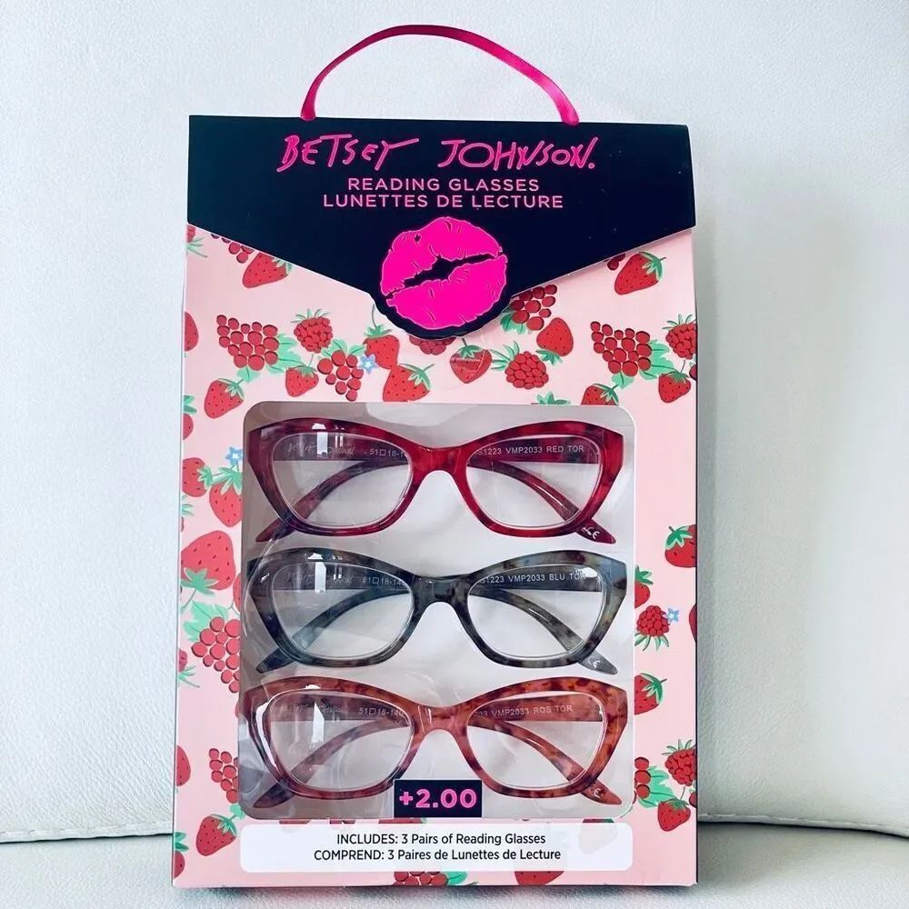 NWT 3 Pack 2.00 Betsey Johnson Premium Cat-Eye Reading Glasses Grey, Red & Amber